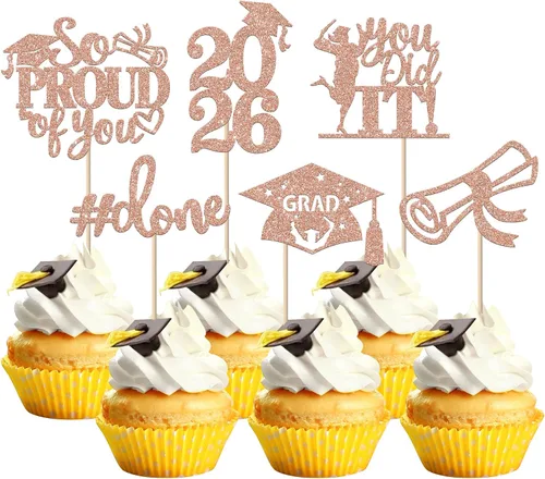 Miniatura 58 de Paquete de 24 adornos para cupcakes de clase 2025 con purpurina 2025 para diploma de graduación 2025 para cupcakes temáticos de graduación 2025