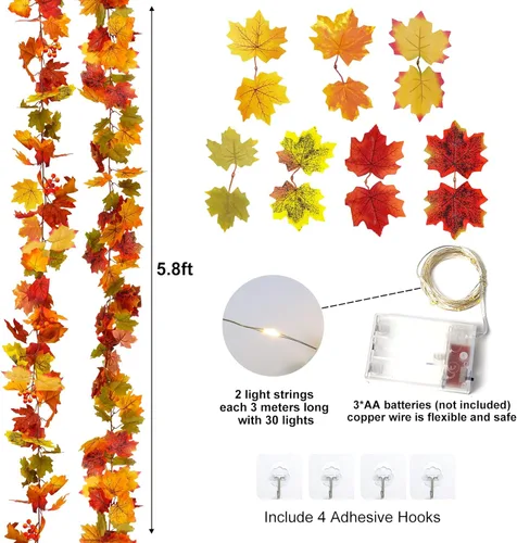 Miniatura 2 de RECUTMS Guirnalda de arce artificial, hojas de otoño, planta de plástico sintético para interiores, hogar, boda, jardín, hotel, cosecha de otoño