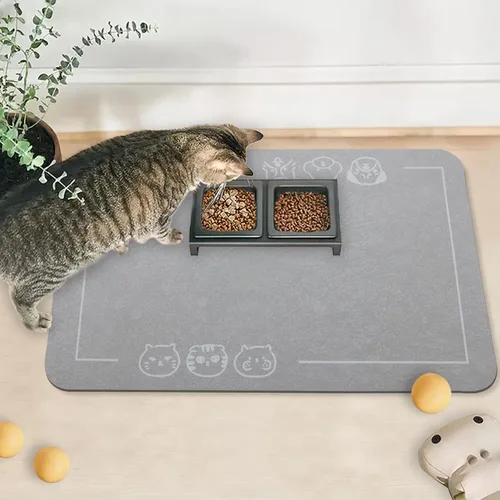 YCT Tapete de comida para mascotas, parte inferior antideslizante, absorbente, de secado rápido, tapete de alimentación para gatos y perros, Gris