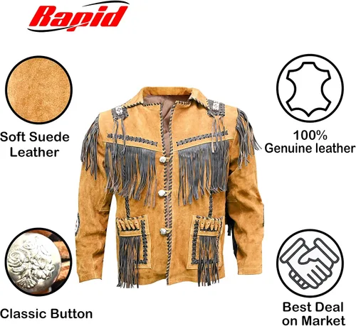 Miniatura 5 de Chaqueta de cuero vaquero occidental para hombre con flecos de ante nativo americano con cuentas de cuero tradicional - marrón tostado