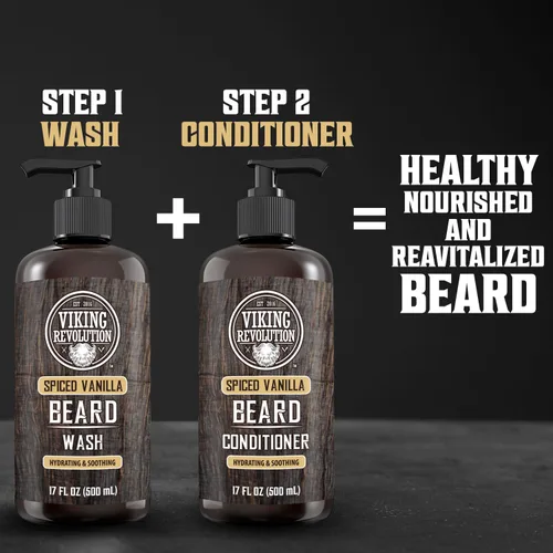 Miniatura 7 de Viking Revolution Acondicionador de barba de vainilla especiada para hombres con aceite de argán y aceite de jojoba, suavizante y fortalecedor
