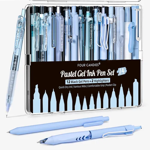 FOUR CANDIES - Paquete de 14 bolígrafos pasteles bonitos, estéticos y retráctiles con tinta de gel negra, punta fina de 0.5 mm, incluye 2 Azul