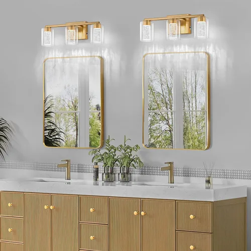 Miniatura 6 de SineRise Lámpara de tocador dorada de 3 luces con 3 modos de color (3000K/4000K/6000K), Accesorio de luz LED para baño con protección ocular, Luz
