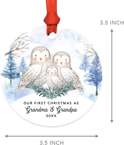 Miniatura 4 de Andaz Press Adorno redondo de recuerdo de Navidad, nuestro 10 aniversario 2025, búhos de nieve de invierno en acuarela, 1 paquete, incluye cinta
