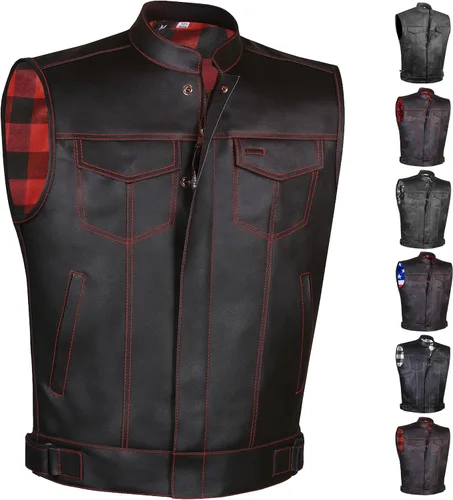 Miniatura 12 de SOA - Chaleco de motocicleta para hombre, piel de búfalo de alta calidad, armadura trasera, bolsillos interiores, chalecos de club de motociclista