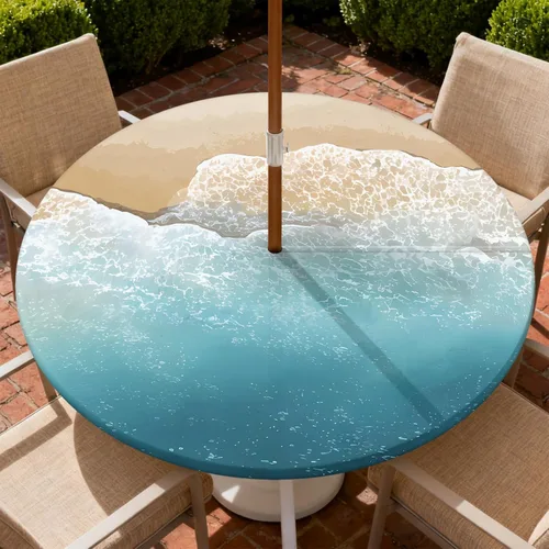 Miniatura 24 de Mantel para exteriores con agujero para sombrilla y cremallera, impermeable, redondo, ajustable con borde elástico, mantel lavable para mesa al aire