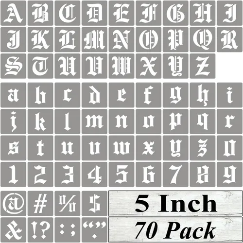 Miniatura 10 de Plantillas de letras del alfabeto de 1 pulgada para pintar, paquete de 70 plantillas de letras en inglés antiguo con números y letreros para pintar