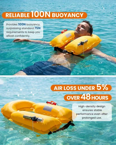 Miniatura 3 de Owntop Chaqueta de natación inflable para adultos, convertible automática/manual, cuello de neopreno, bolsillos grandes con solapa y trabillas