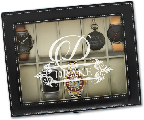 Miniatura 4 de My Personal Memories Caja de almacenamiento de reloj personalizada personalizada vitrina de cristal para hombres, él, esposo, grabado y monograma