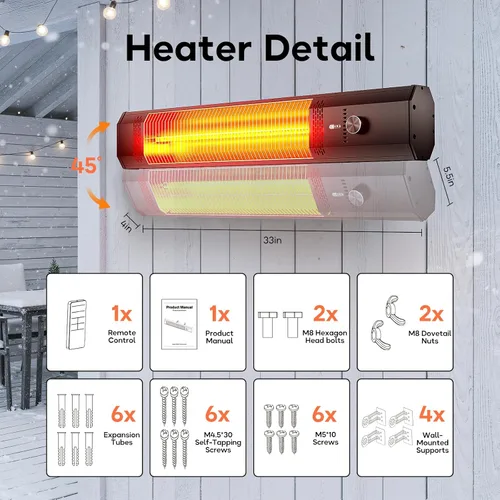 Miniatura 7 de Calentador de patio montado en pared para exterior, calentador de espacio para garaje, patio trasero, habitación interior, 1500W. Calentador
