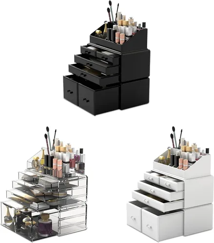 Miniatura 8 de READAEER Organizador de maquillaje, 3 piezas, estuche de almacenamiento de cosméticos con 6 cajones (transparente)