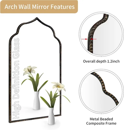 Miniatura 3 de Marlowe - Espejo de pared, 22 pulgadas de ancho x 38 pulgadas de alto, negro antiguo, marco de cuentas de metal, espejo de pared de arco