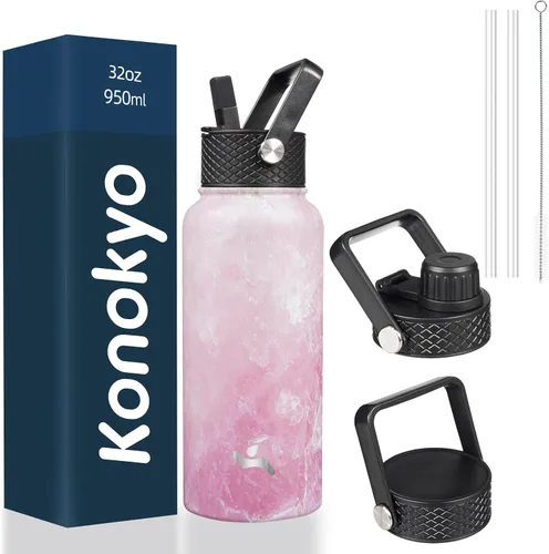 Miniatura 85 de Konokyo - Botella de agua aislada de 18 onzas, botellas deportivas de acero inoxidable con 3 tapas, verde militar