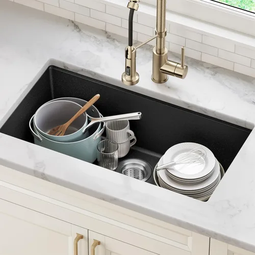 Miniatura 13 de Kraus Quarza - Fregadero de cocina de granito para montar por debajo, cajón único de 31 pulgadas, en ónix negro, KGU-413B