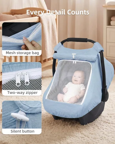 Miniatura 4 de Rquite Funda de asiento de automóvil para bebé, niña, niño, 100% muselina de algodón, toldo transpirable a prueba de viento con ventana de malla