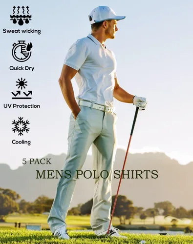 Miniatura 3 de Paquete de 5 camisas polo para hombre, secado rápido, manga corta, camisa de golf, piqué, jersey de ajuste regular