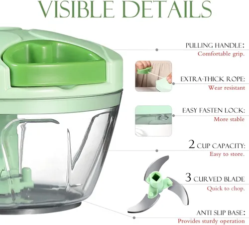 Miniatura 3 de Ourokhome Procesador manual de alimentos picador de verduras, picador portátil de ajo con cuerda manual cortador de cebolla para verduras, jengibre