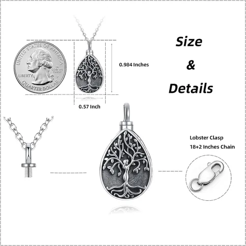 Miniatura 86 de Collar con colgante de urna de cenizas de cremación y árbol de la vida para mujer, plata de ley US1