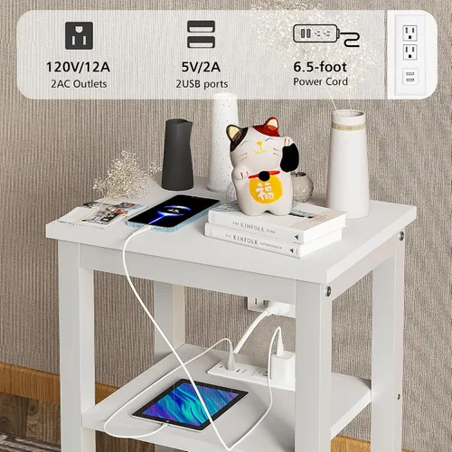Miniatura 6 de VECELO Mesitas de noche modernas con estación de carga, mesa auxiliar auxiliar con estante de almacenamiento para espacios pequeños, dormitorio