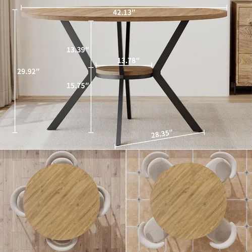 Miniatura 2 de MECHYIN Mesa de comedor redonda para 4 personas, mesa de cocina de granja de 42 pulgadas con almacenamiento, mesa de pedestal circular de madera