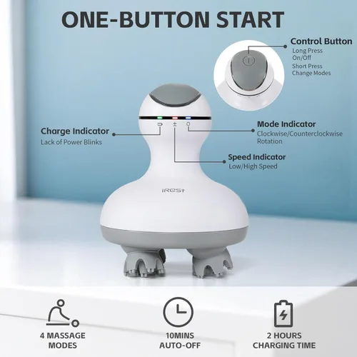 Miniatura 6 de iRest Masajeador eléctrico de cuero cabelludo giratorio impermeable con 4 cabezales, 84 nodos, masajeador de cabeza portátil de mano