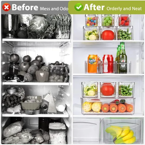 Miniatura 3 de Paquete de 10 cubos organizadores de despensa para refrigerador, cubos organizadores apilables para refrigerador con tapas, contenedores de plástico