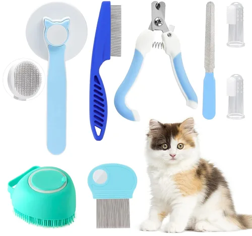 Miniatura 10 de VCZONE Kit de aseo de cepillo para gatos, kit de limpieza automática para mascotas con cortaúñas y lima para mascotas, peine de pulgas, cepillo