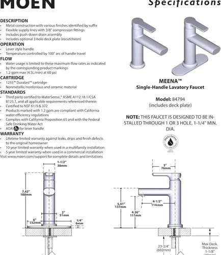 Miniatura 11 de Moen Meena Negro Mate Grifo de Lavabo de Baño Moderno con un Solo Agujero y una Sola Manija con Placa de Cubierta Opcional y Montaje de Desagüe