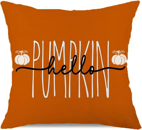Miniatura 12 de Fundas de almohada de 18 x 18 pulgadas con texto en inglés "Hello Fall", decoraciones de otoño con texto en inglés "Hello Pumpkin", fundas