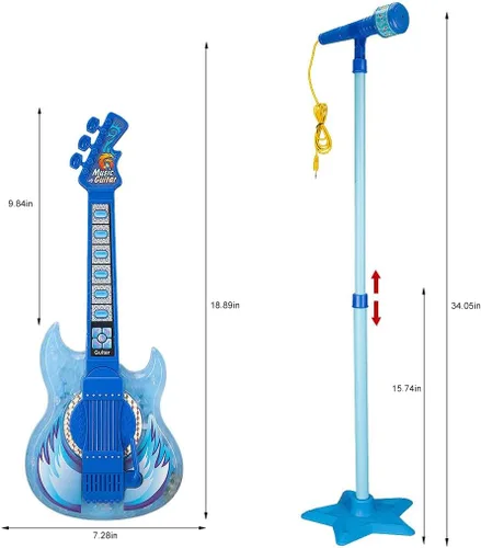 Miniatura 6 de TAKIHON Juego de guitarra y micrófono para niños, juguetes de guitarra con música y luz colorida, micrófono de altura ajustable con soporte