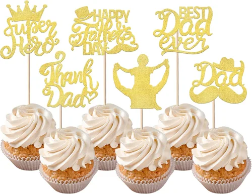 Miniatura 11 de Paquete de 24 adornos para cupcakes con purpurina para el Día del Padre, con purpurina para el mejor papá del mundo, sombrero de bigote #1