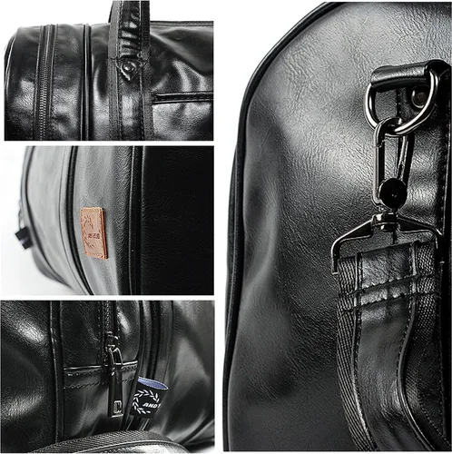 Miniatura 7 de Bolsa de viaje de cuero con bolsa para zapatos, bolsa impermeable para fin de semana, bolsa de lona de mano para hombres y mujeres, color negro