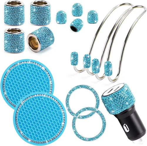 Miniatura 9 de ToBeQueen Juego de accesorios de automóvil con brillos para mujer y niña, collares para reposacabezas de automóvil con brillos, cargador