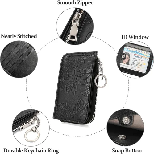 Miniatura 5 de GAEKEAO Cartera pequeña porta tarjetas de crédito para mujeres RFID de cuero delgada tipo pulsera con llavero y bolsillo con cremallera, Negro