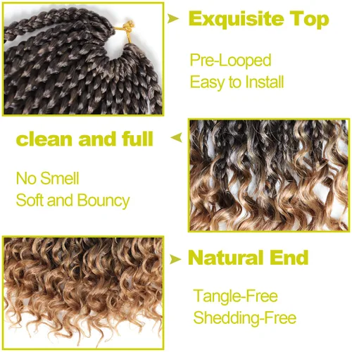 Miniatura 4 de Trenzas de caja bohemia de 14 pulgadas, 7 paquetes de trenzas de caja Goddess de cabello de ganchillo preanudado para mujeres negras, cabello 1B/27