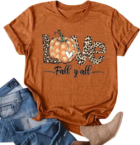 Miniatura 35 de Woffccrd - Camisetas divertidas con estampado de calabaza y leopardo para mujer, camisetas gráficas de manga corta de Halloween para mujer