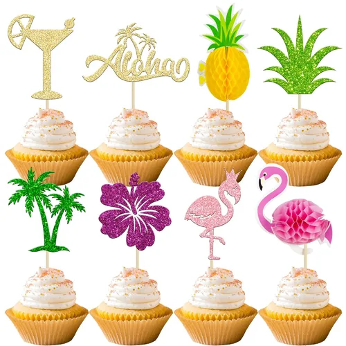 Miniatura 19 de Gyufise 1 pieza de decoración de pastel de feliz cumpleaños tropical hawaiano Luau pastel Pick Glitter Flamingo Flower Plam Leave Pineapple Cake