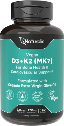 Miniatura 9 de Naturalis Vitamina vegana D3+K2 de algas 5000 UI D3 con 120 mcg MK7 Certificado de la sociedad vegana, de origen sostenible, mejor que