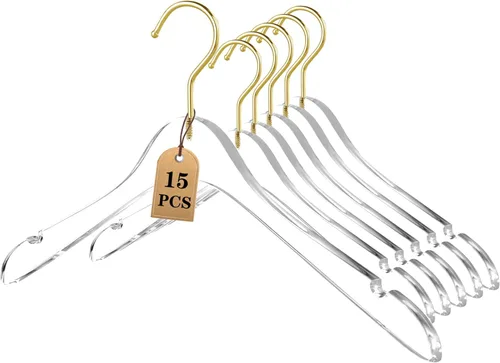 Miniatura 9 de Besser - Paquete de 15 perchas acrílicas con dorado, colgador acrílico transparente, perchas de cristal de alta calidad con gancho dorado giratorio