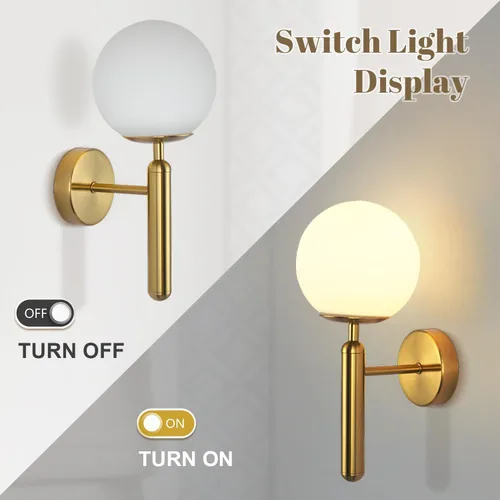 Miniatura 4 de KCO Aplique de pared de globo de vidrio de leche, apliques de pared de latón cepillado de mediados de siglo, lámpara de pared dorada moderna, Dorado