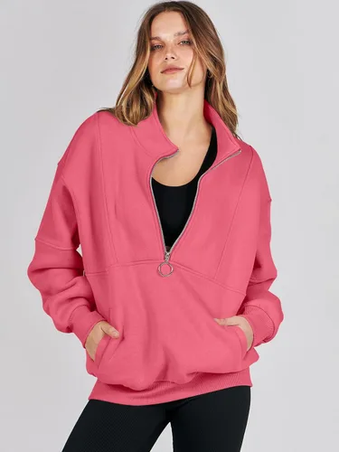 Miniatura 3 de ANRABESS Sudaderas de forro polar con media cremallera para mujer, de gran tamaño, con cremallera de un cuarto, ropa de otoño 2024, ropa de moda