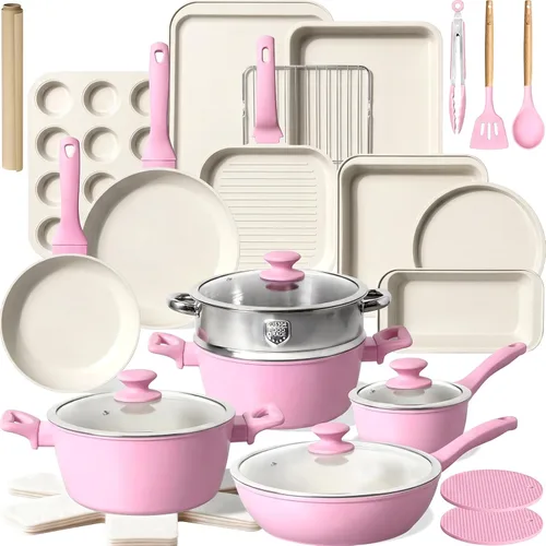 Miniatura 10 de Kikcoin Juego de ollas y sartenes antiadherentes de 31 piezas de cocina antiadherentes con sartén para parrilla, cacerola para hornear, color negro