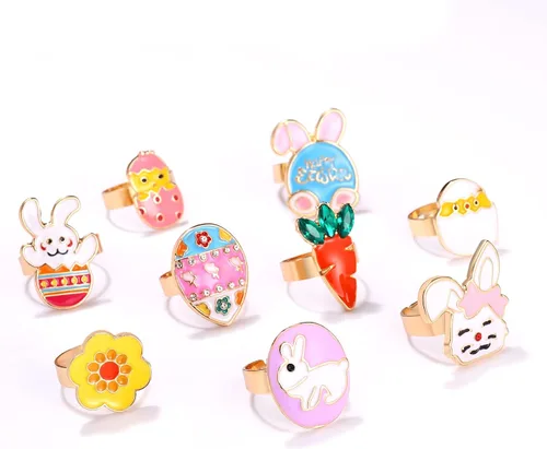 Miniatura 3 de 9 anillos de Pascua para mujeres y niñas esmaltados bonitos anillos de huevo de conejo zanahoria pollo arco iris ajustable feliz Pascua conejo