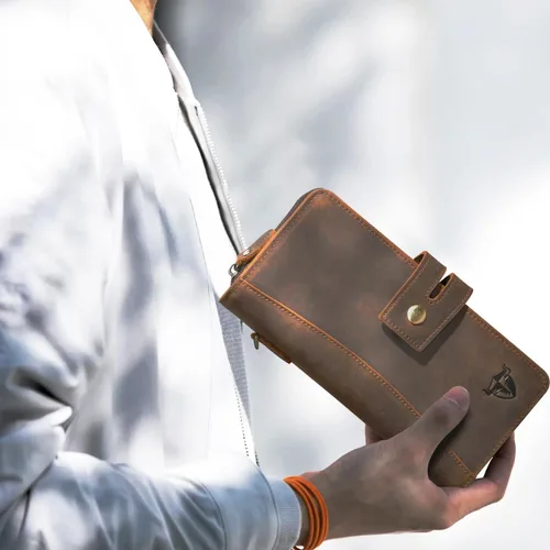 Miniatura 7 de Handadsume Genuino caballo loco cuero viaje regalo moneda bolsillo tarjeta caso largo organizador cadena Rfid monedero con broche para hombres