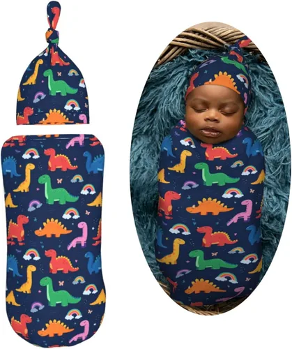 Miniatura 2 de Lindo patrón de dibujos animados de dinosaurios para recién nacido, manta para envolver con gorro, suave saco de dormir para bebé, elástico