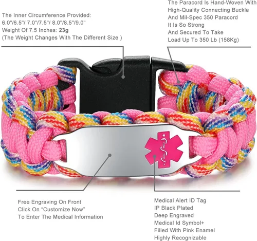 Miniatura 60 de Pulsera de alerta médica Paracord para hombres y mujeres Pulsera de identificación médica de acero inoxidable con hebillas de liberación lateral
