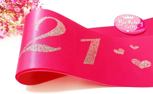 Miniatura 6 de Banda de cumpleaños número 21, bandas suaves de satén rosa intenso con letra plateada con purpurina, decoraciones de cumpleaños para niñas, 21 rosa