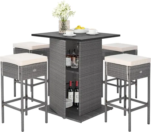 Miniatura 13 de Tangkula - Juego de barra para patio, 3 piezas de mimbre para exteriores, con 2 taburetes con cojines y mesa con cubierta de cristal, color gris