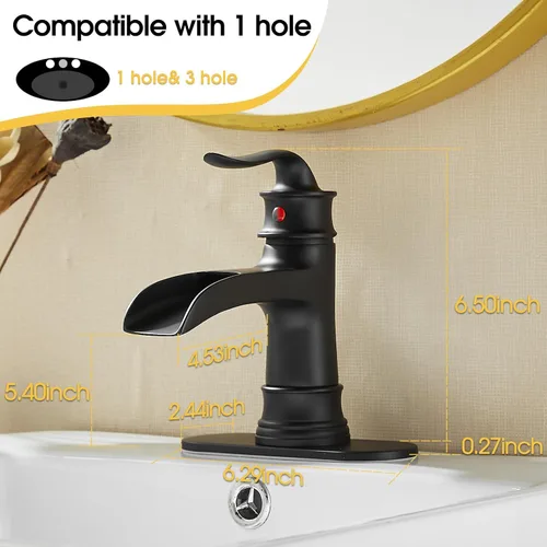 Miniatura 2 de FRANSITON Grifo de cascada de baño con una sola manija, un agujero, acabado negro mate, grifos de lavabo con boquilla grande (negro mate)