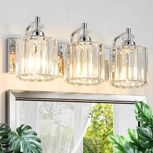 Accesorio de Iluminación de Baño Moderno de 3 Luces Cromado Luces de Tocador de Baño Sobre Espejo Aplique de Pared con Pantallas de Cristal K9 Base